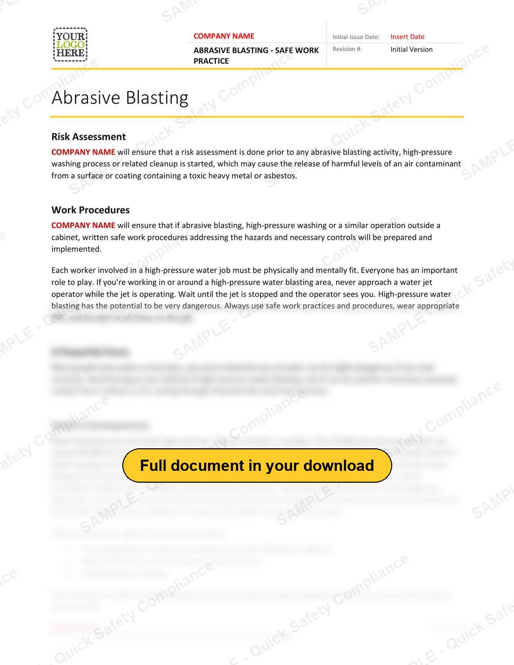 Top of page 1 of the Abrasive Blasting Safe Work Practice