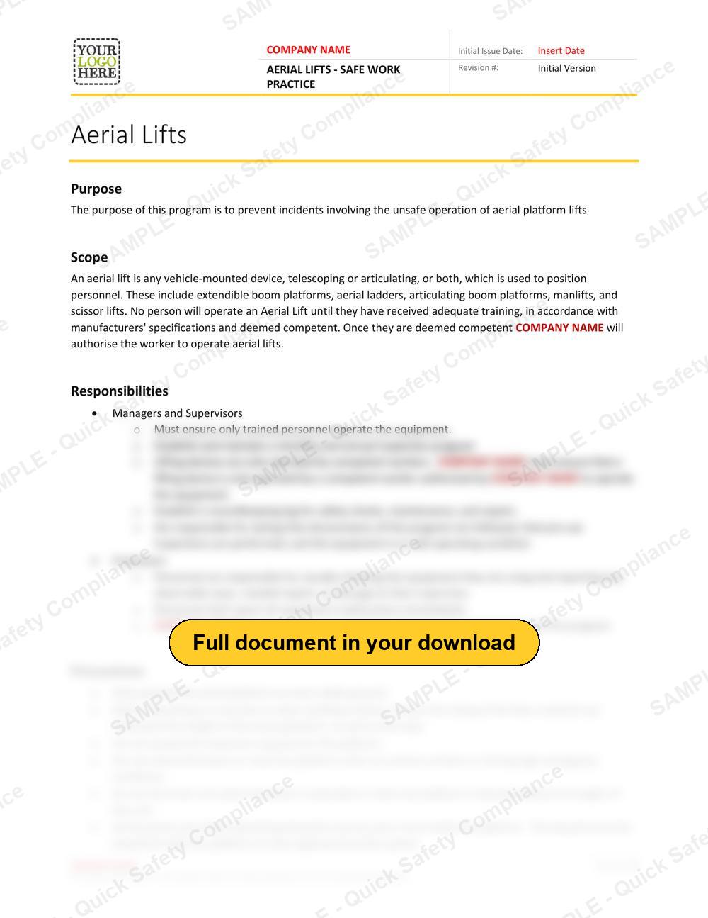 Top of page 1 of the Aerial Lifts Safe Work Practice