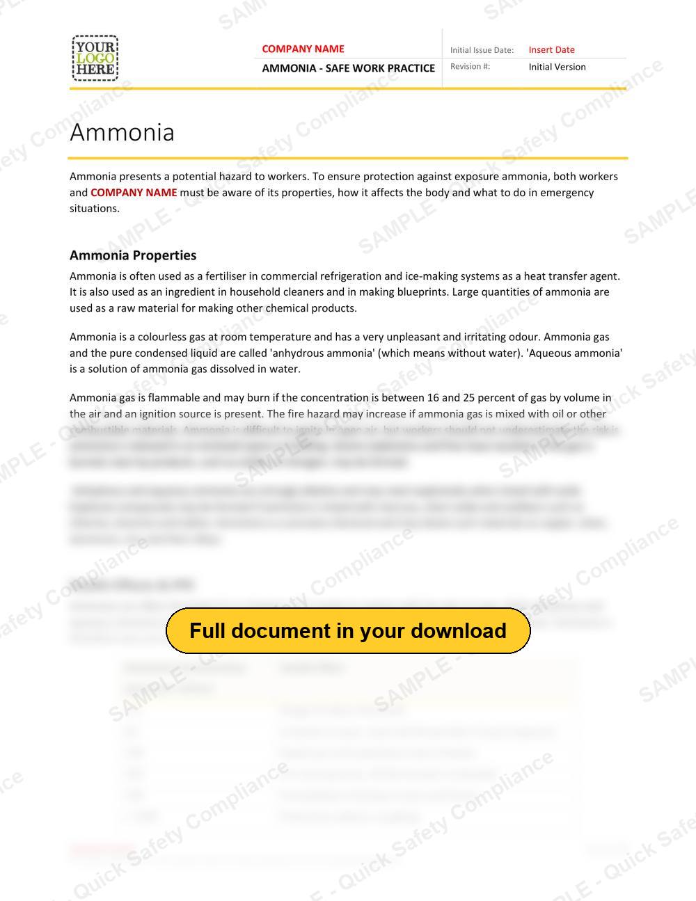 Top of page 1 of the Ammonia Safe Work Practice