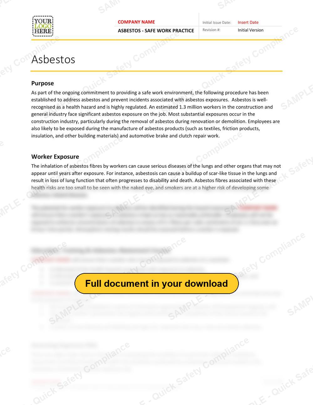 Top of page 1 of the Asbestos Safe Work Practice