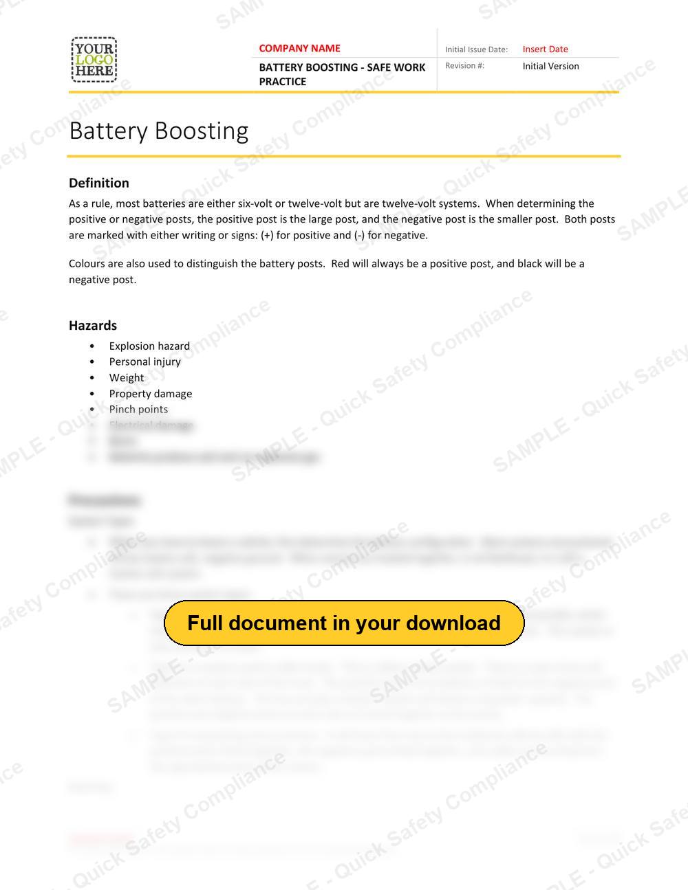 Top of page 1 of the Battery Boosting Safe Work Practice
