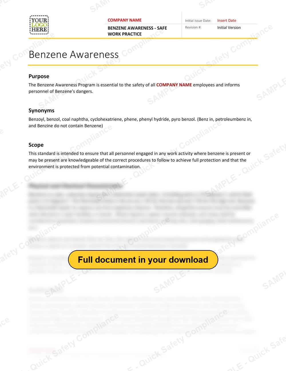 Top of page 1 of the Benzene Awareness Safe Work Practice