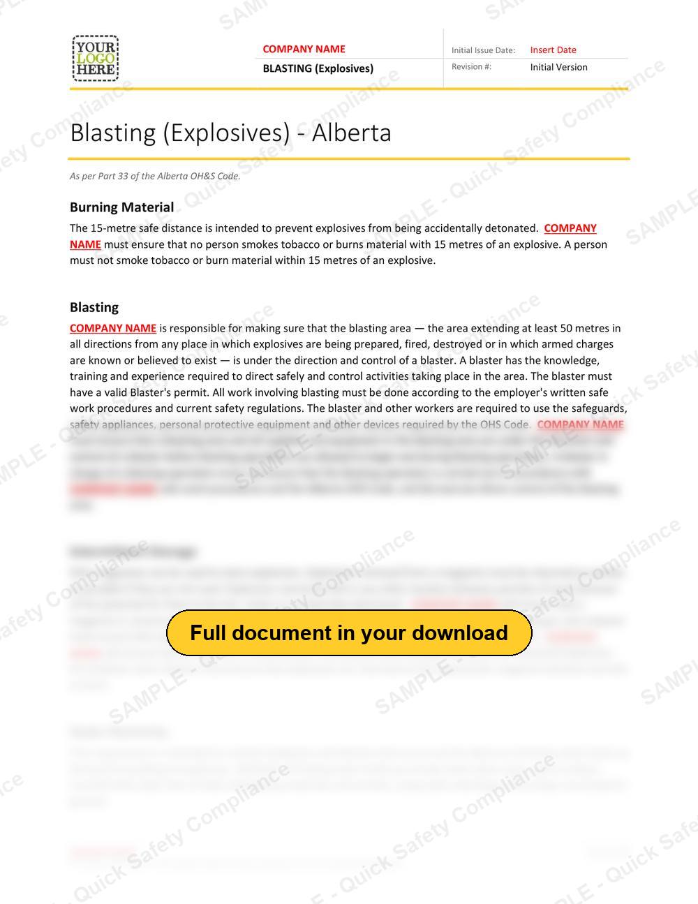 Top of page 1 of the Blasting Explosives RAVS - Alberta