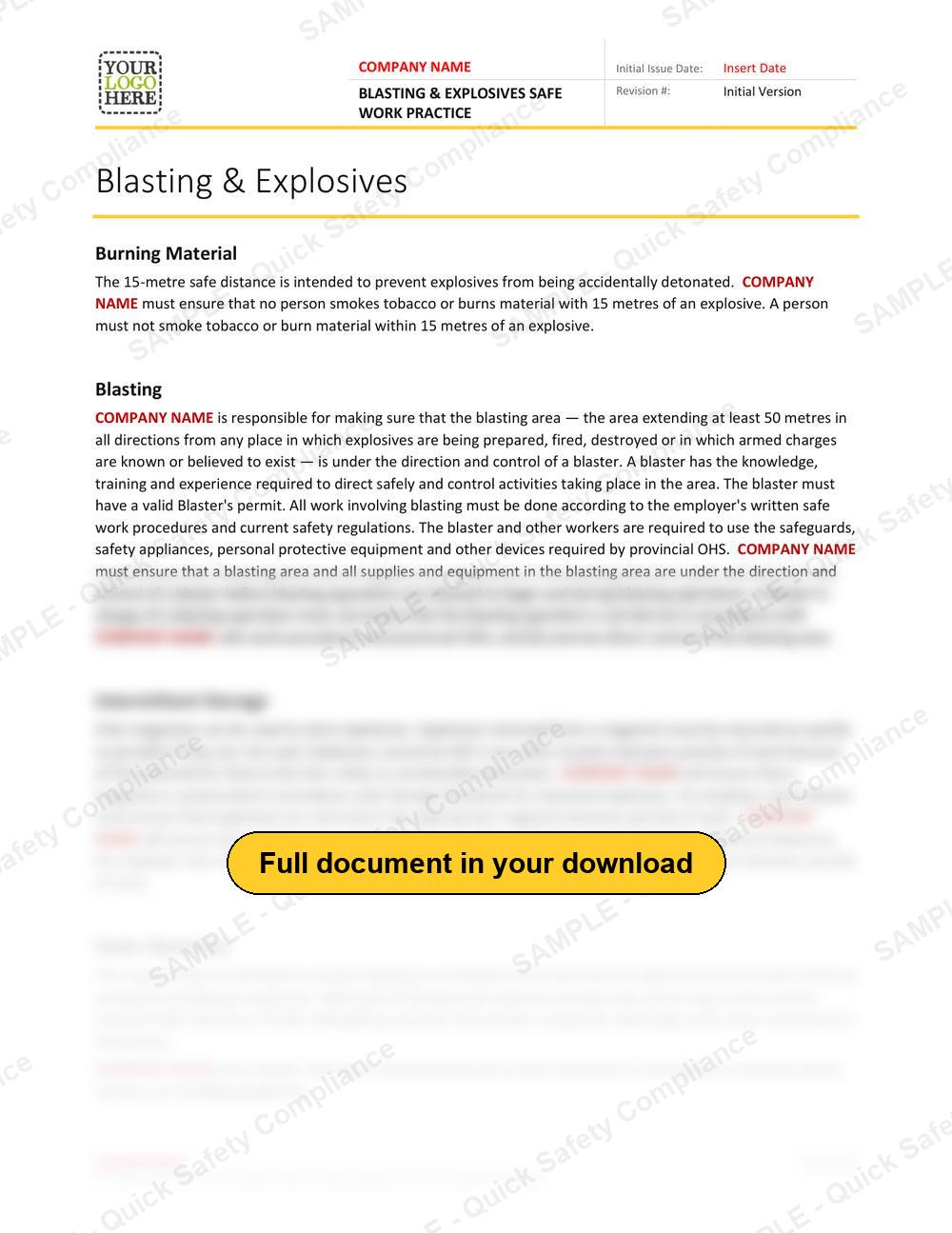 Top of page 1 of the Blasting & Explosives Safe Work Practice