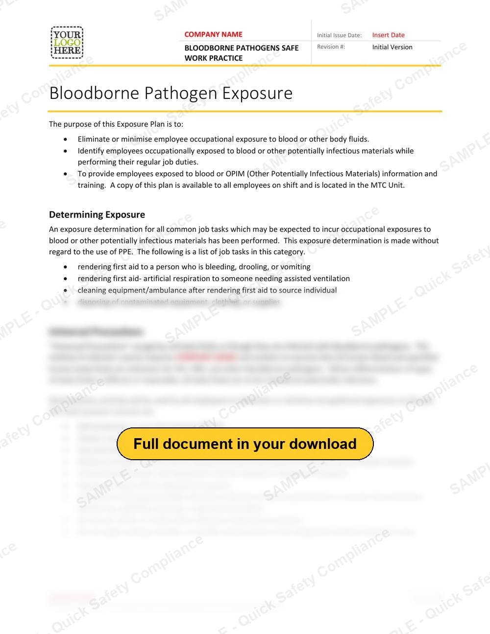 Top of page 1 of the Bloodborne Pathogens Safe Work Practice