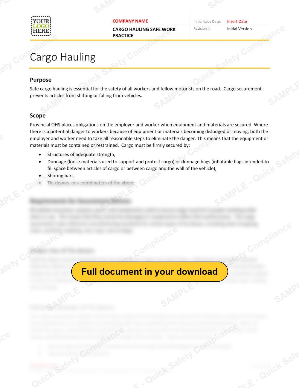 Top of page 1 of the Cargo Hauling Safe Work Practice