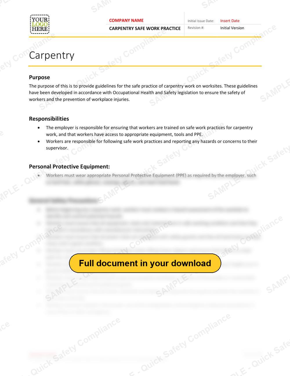 Top of page 1 of the Carpentry Safe Work Practice