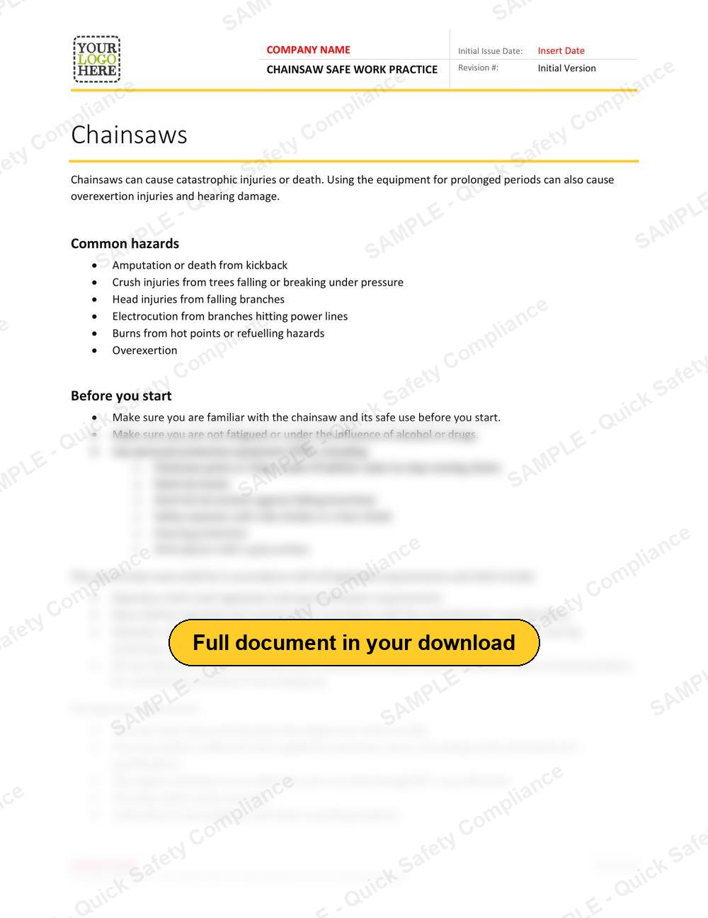 Top of page 1 of the Chainsaw Safe Work Practice