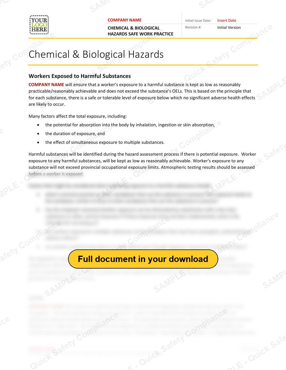 Top of page 1 of the Chemical & Biological Hazards Safe Work Practice