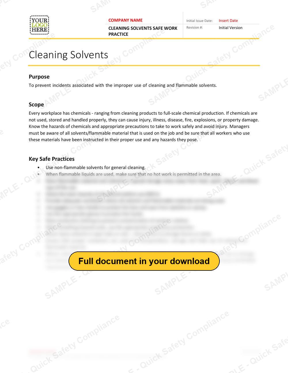 Top of page 1 of the Cleaning Solvents Safe Work Practice
