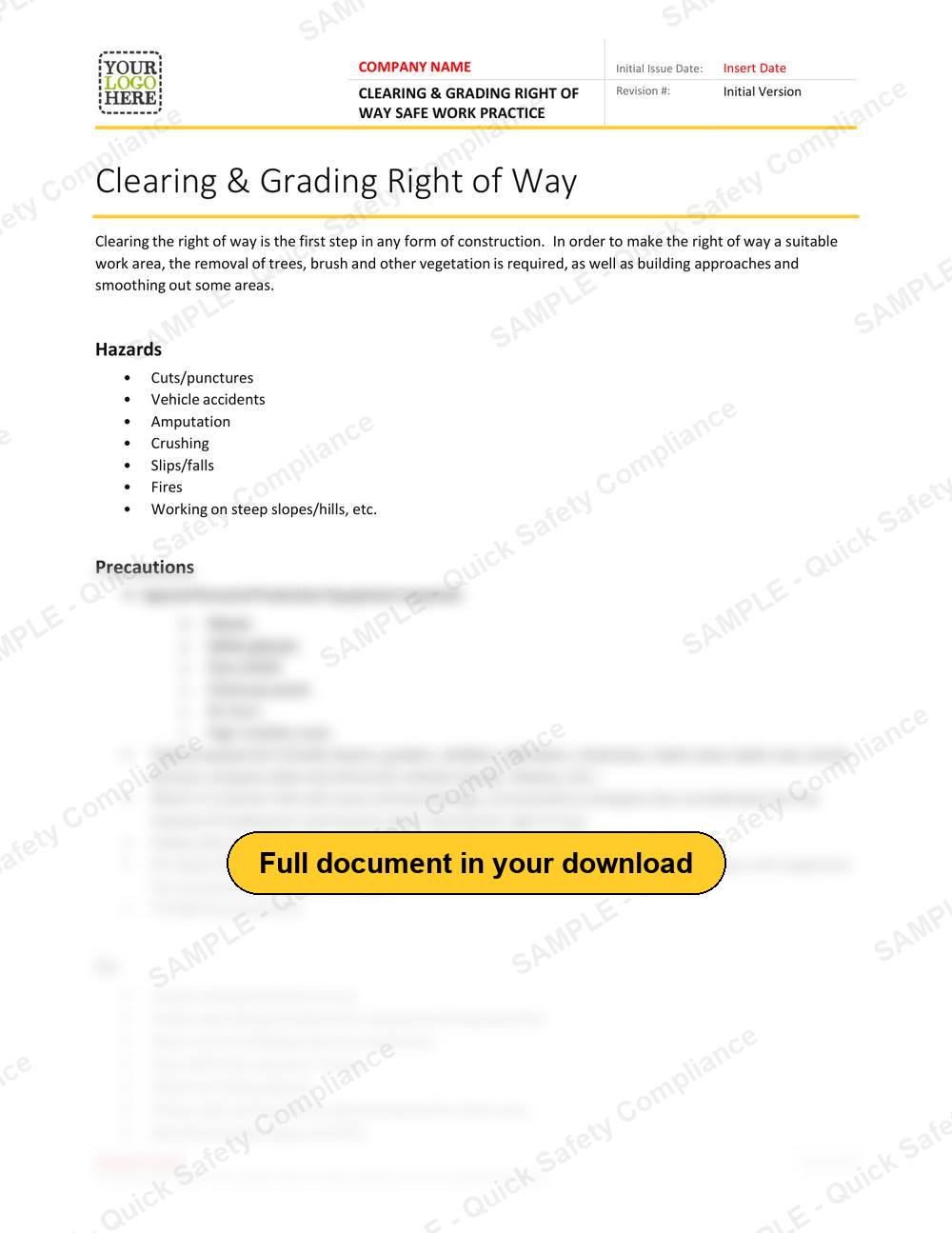 Top of page 1 of the Clearing & Grading Right of Way Safe Work Practice