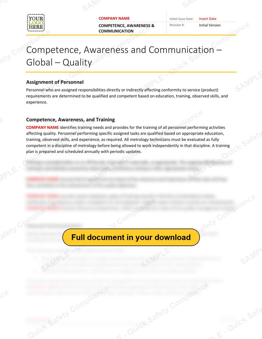 Top of page 1 of the Competence, Awareness and Communication RAVS - Quality