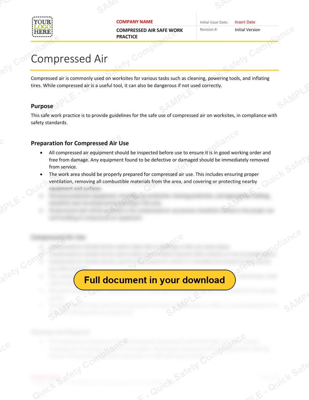 Top of page 1 of the Compressed Air Safe Work Practice