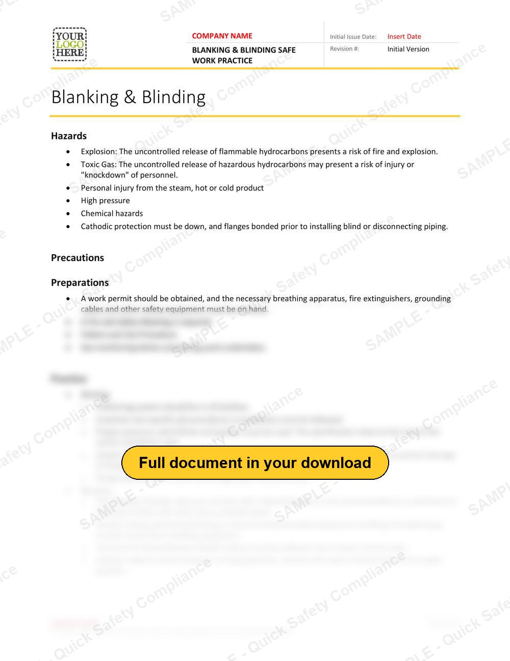 Top of page 1 of the Blanking & Blinding Safe Work Practice