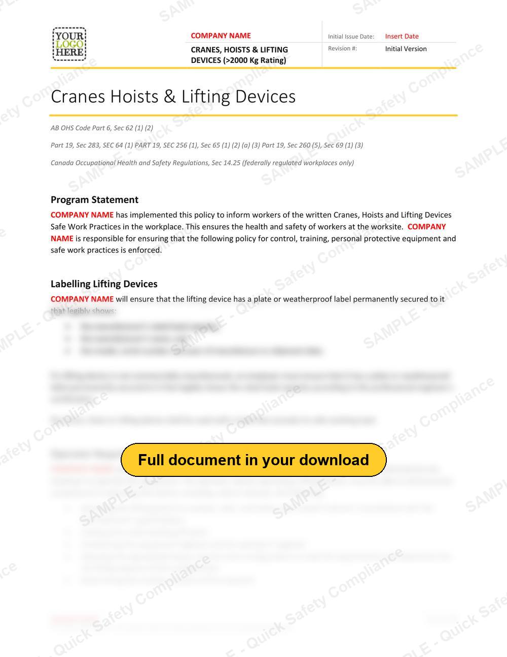 Top of page 1 of the Cranes, Hoists & Lifting Devices RAVS - Alberta