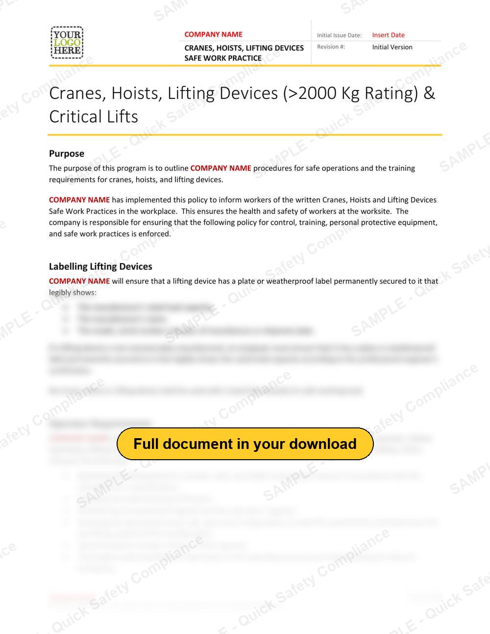Top of page 1 of the Cranes, Hoists, Lifting Devices Safe Work Practice