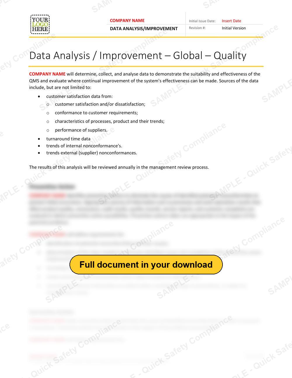 Top of page 1 of the Data Analysis RAVS - Quality