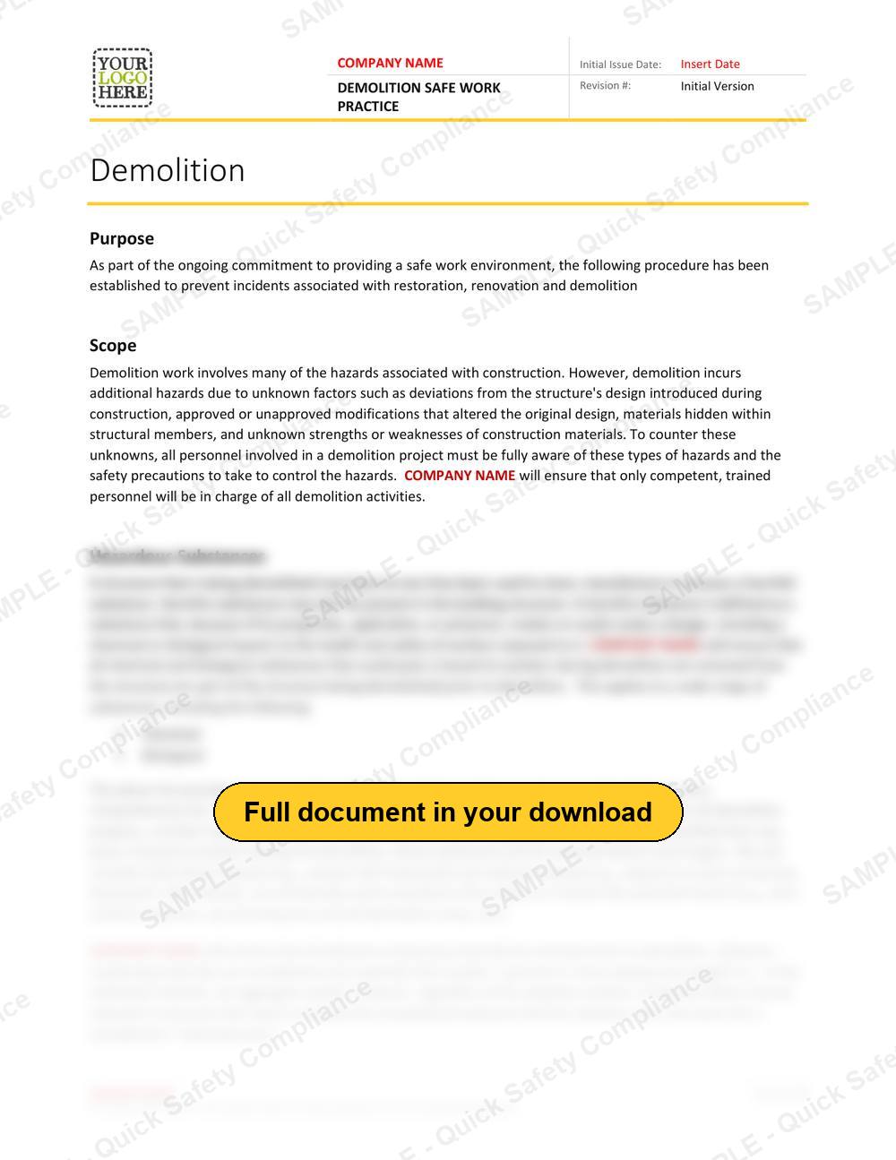 Top of page 1 of the Demolition Safe Work Practice