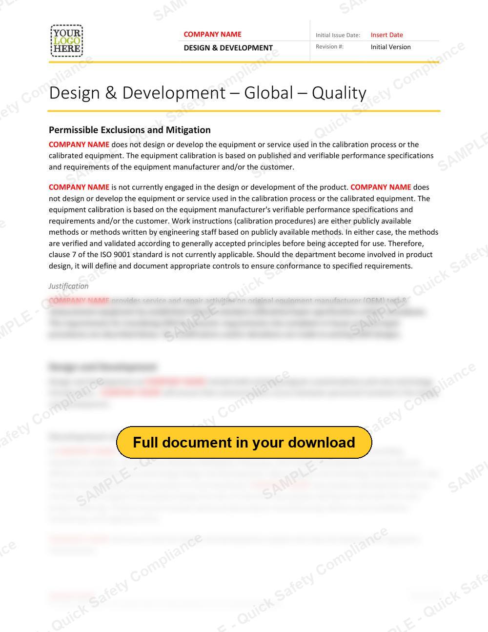 Top of page 1 of the Design and Development RAVS - Quality