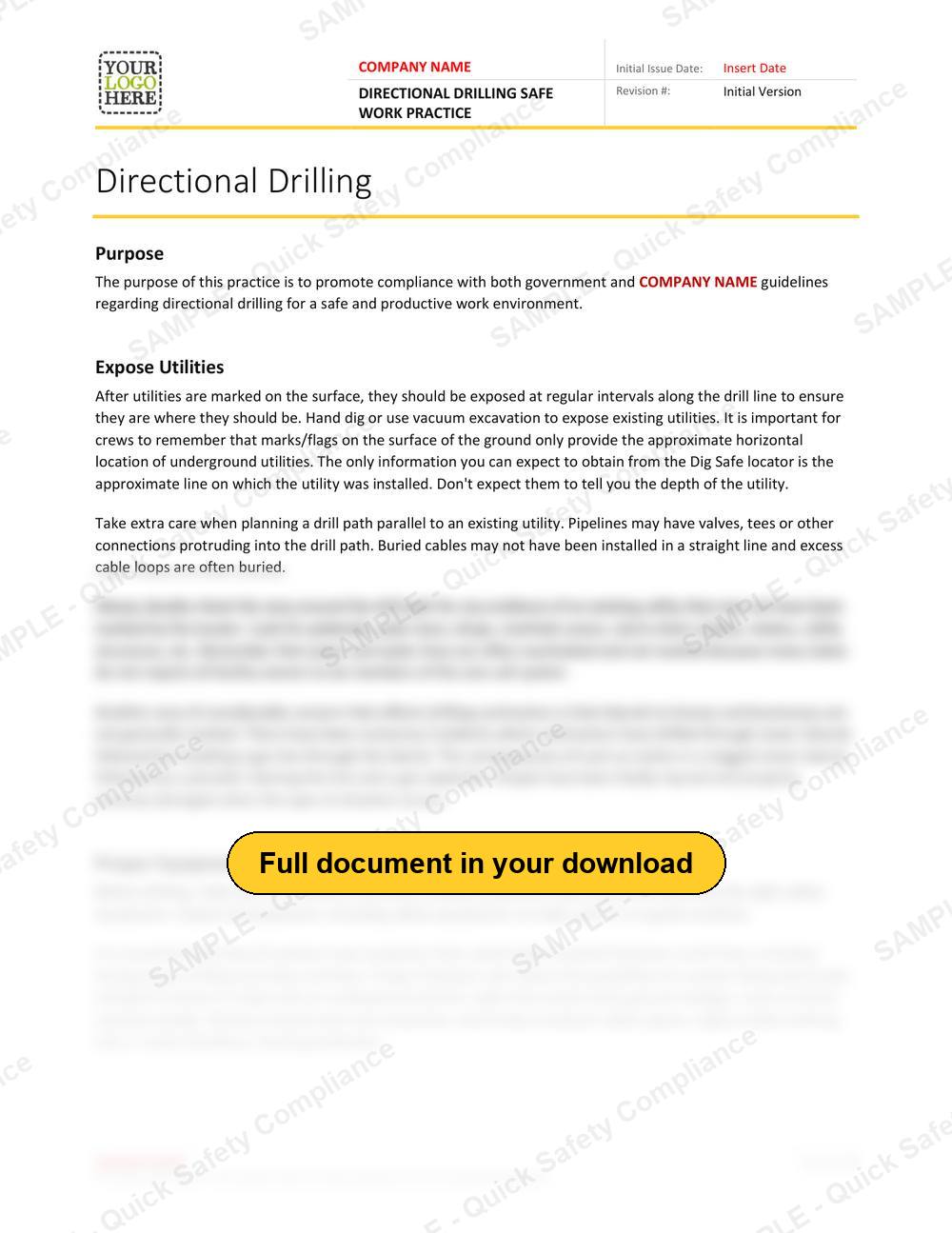 Top of page 1 of the Directional Drilling Safe Work Practice