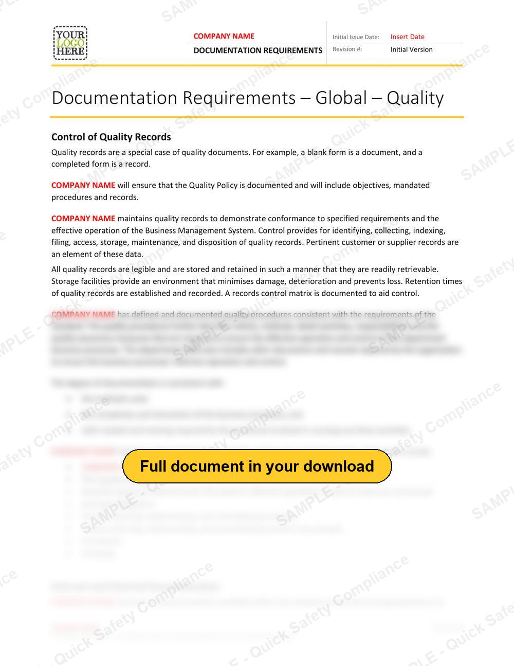 Top of page 1 of the Documentation Requirements RAVS - Quality