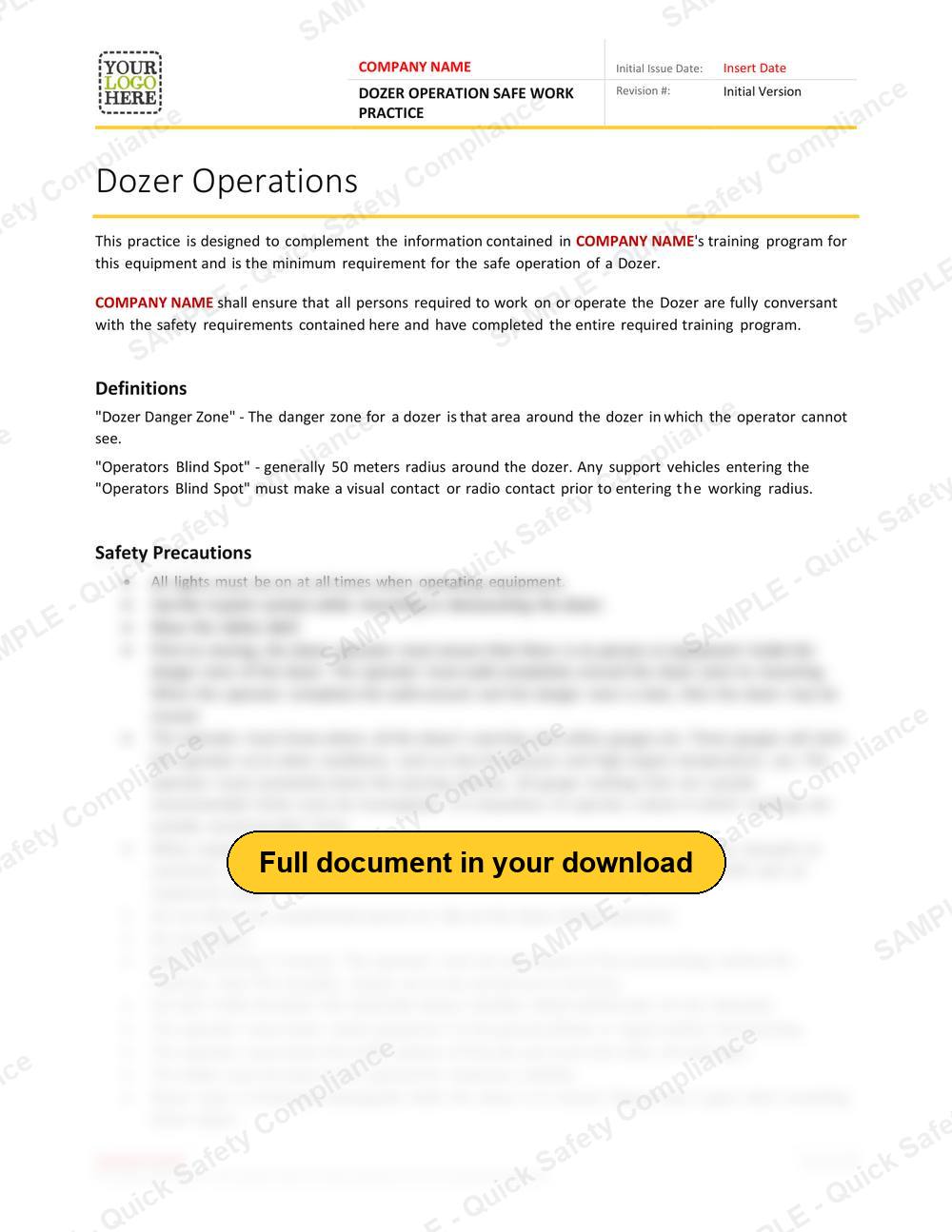 Top of page 1 of the Dozer Operation Safe Work Practice
