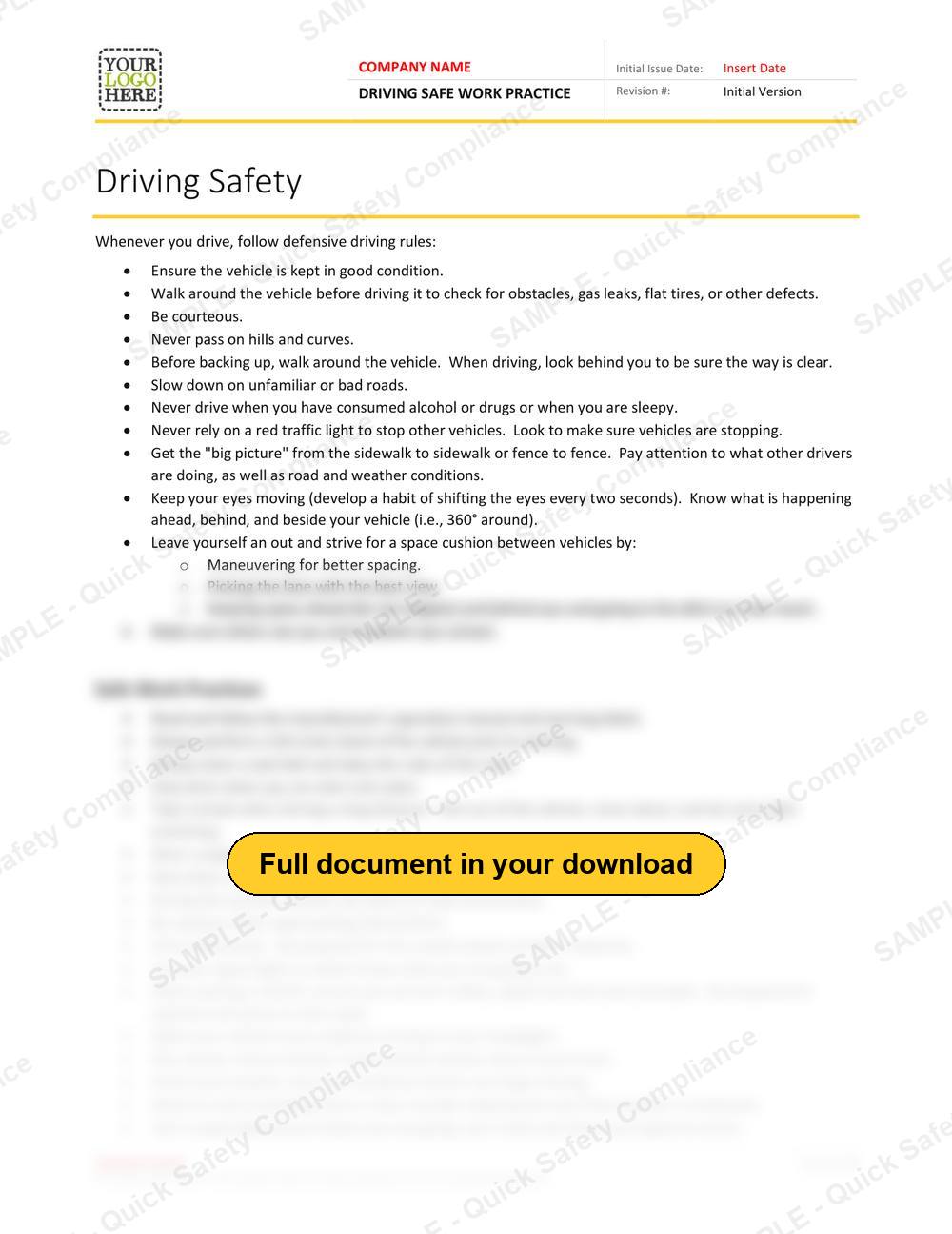Top of page 1 of the Driving Safe Work Practice