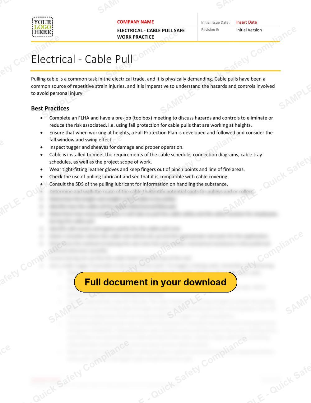 Top of page 1 of the Electrical - Cable Pull Safe Work Practice