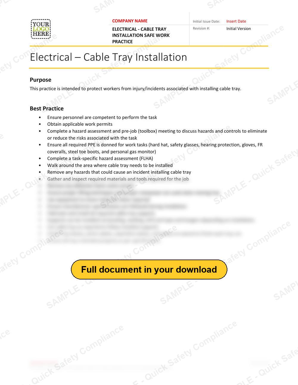 Top of page 1 of the Electrical - Cable Tray Installation Safe Work Practice