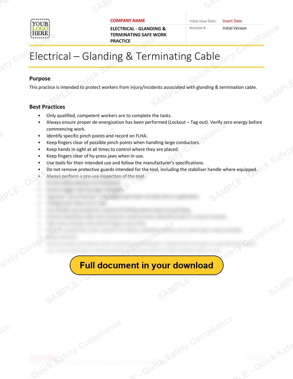 Top of page 1 of the Electrical - Glanding & Terminating Safe Work Practice