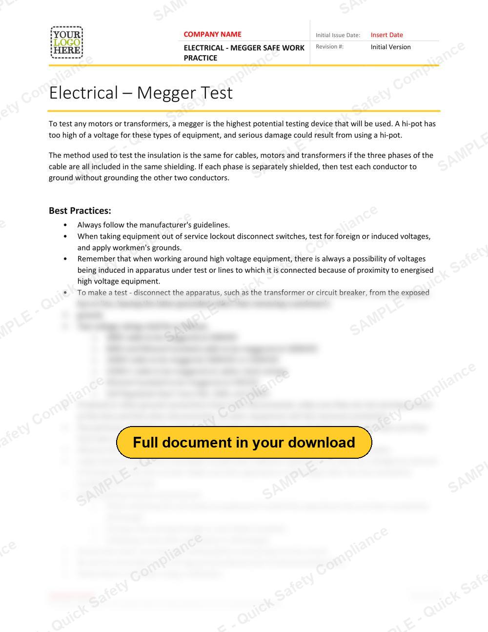 Top of page 1 of the Electrical - Megger Safe Work Practice