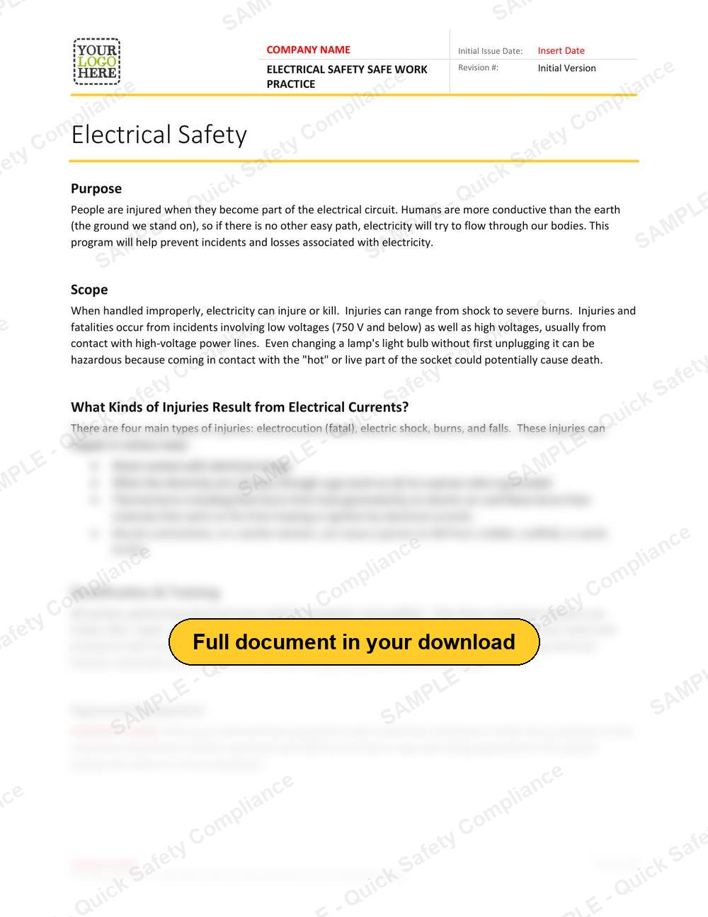 Top of page 1 of the Electrical Safety Safe Work Practice