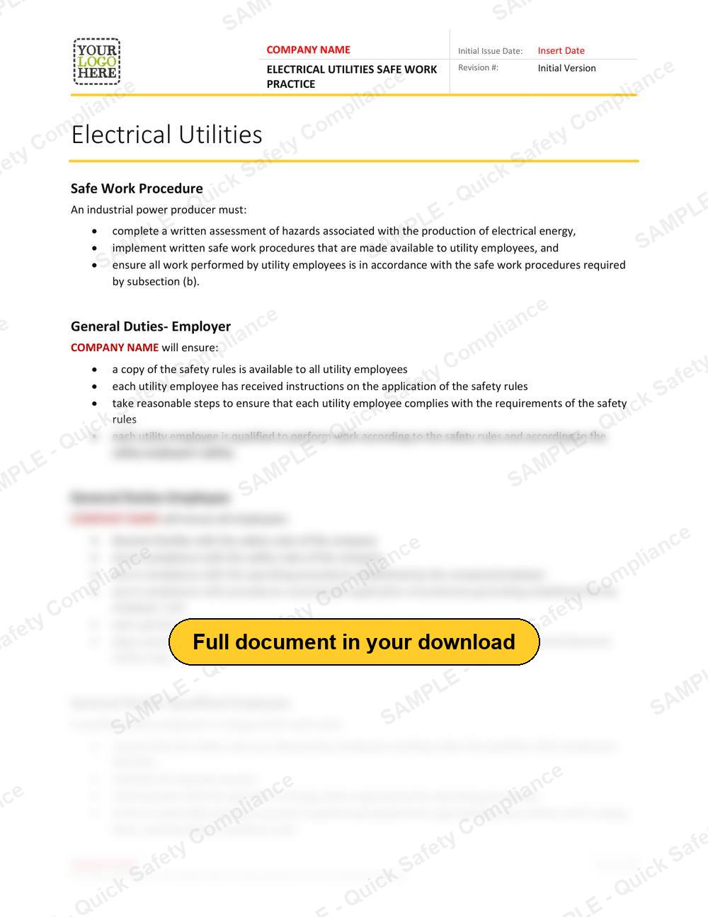 Top of page 1 of the Electrical Utilities Safe Work Practice