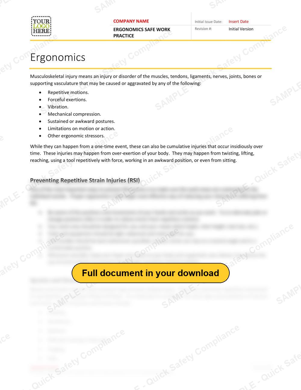 Top of page 1 of the Ergonomics Safe Work Practice