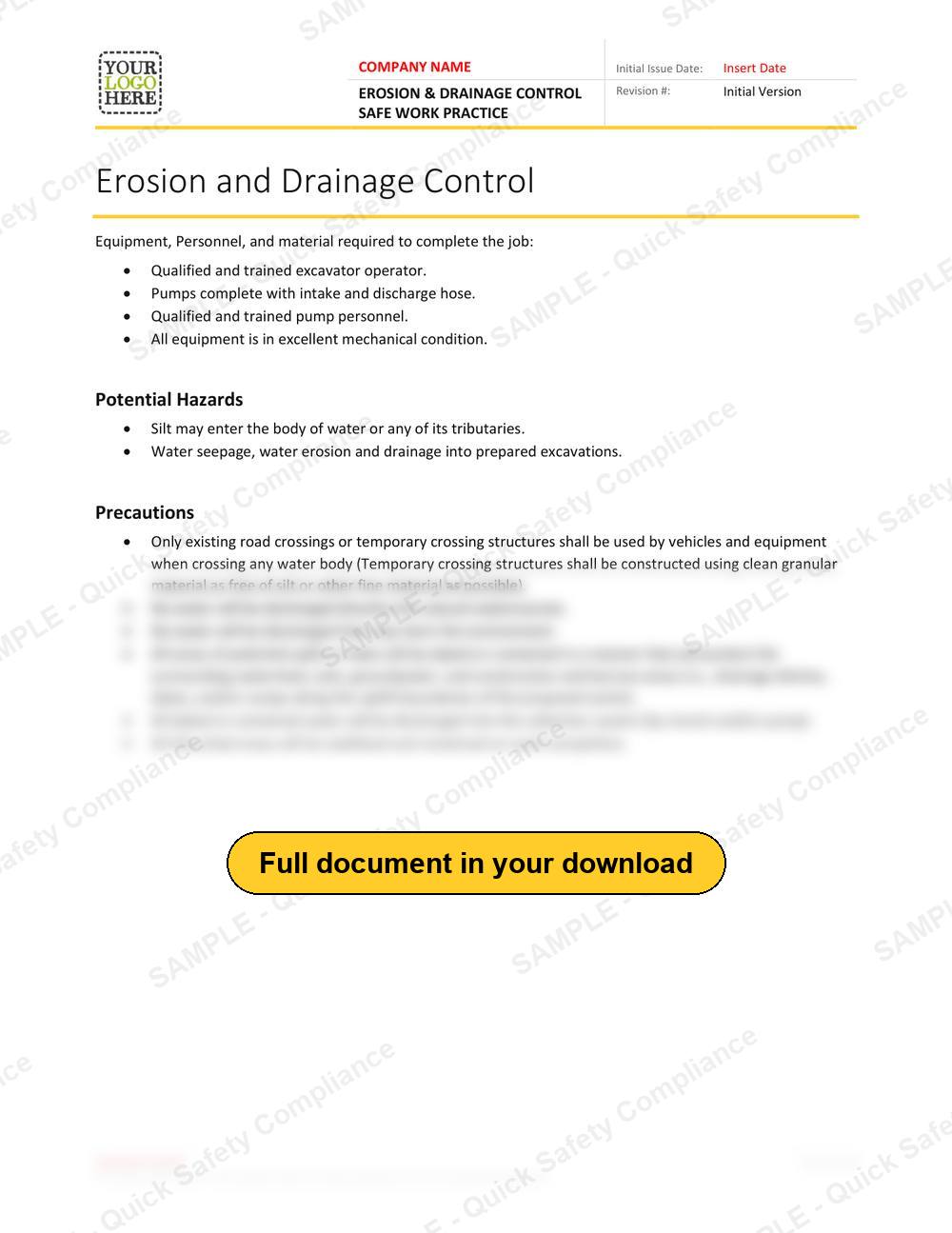 Top of page 1 of the Erosion & Drainage Control Safe Work Practice