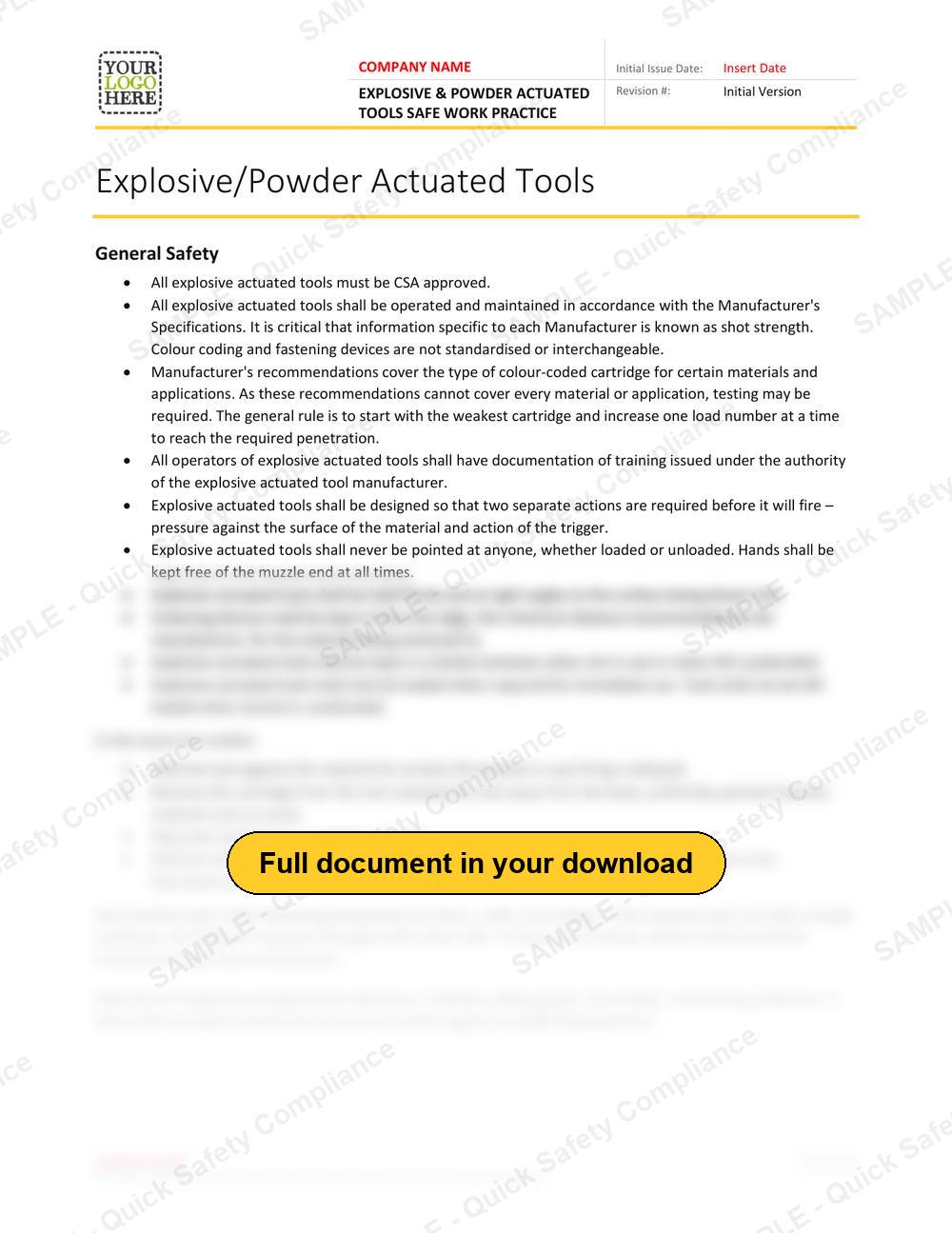 Top of page 1 of the Explosive & Powder Actuated Tools Safe Work Practice