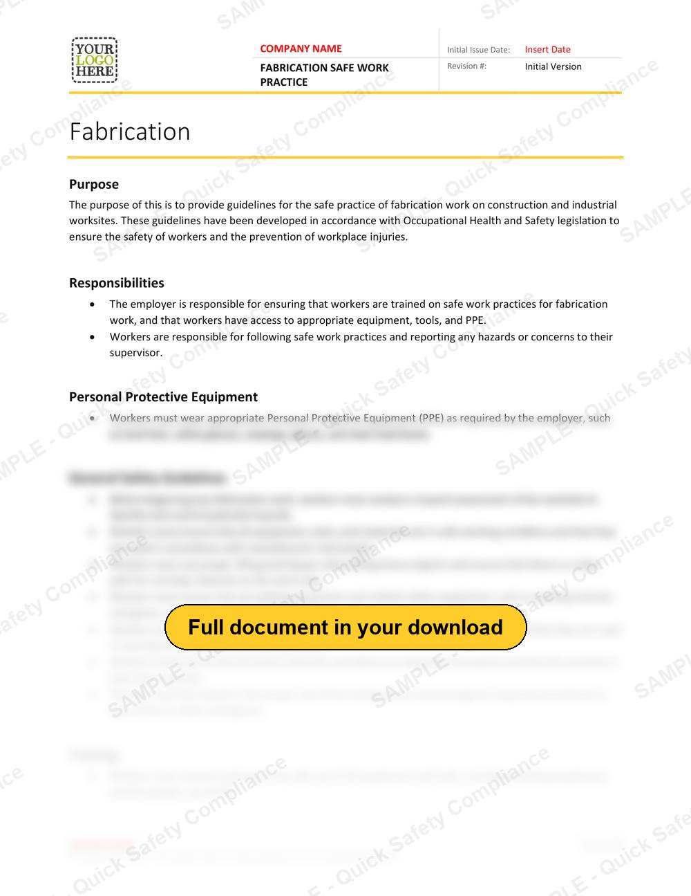 Top of page 1 of the Fabrication Safe Work Practice