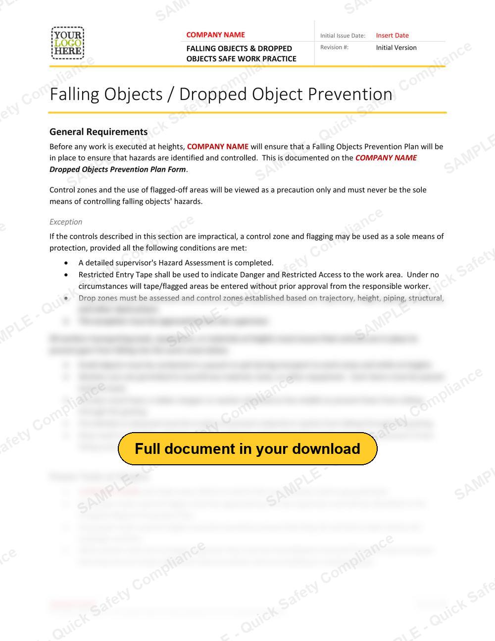 Top of page 1 of the Falling Objects & Dropped Objects Safe Work Practice