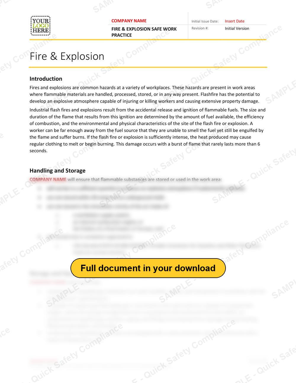 Top of page 1 of the Fire & Explosion Safe Work Practice