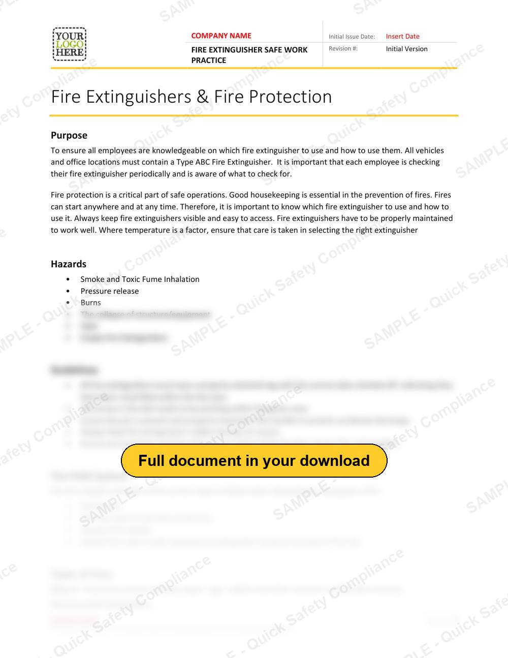 Top of page 1 of the Fire Extinguisher Safe Work Practice