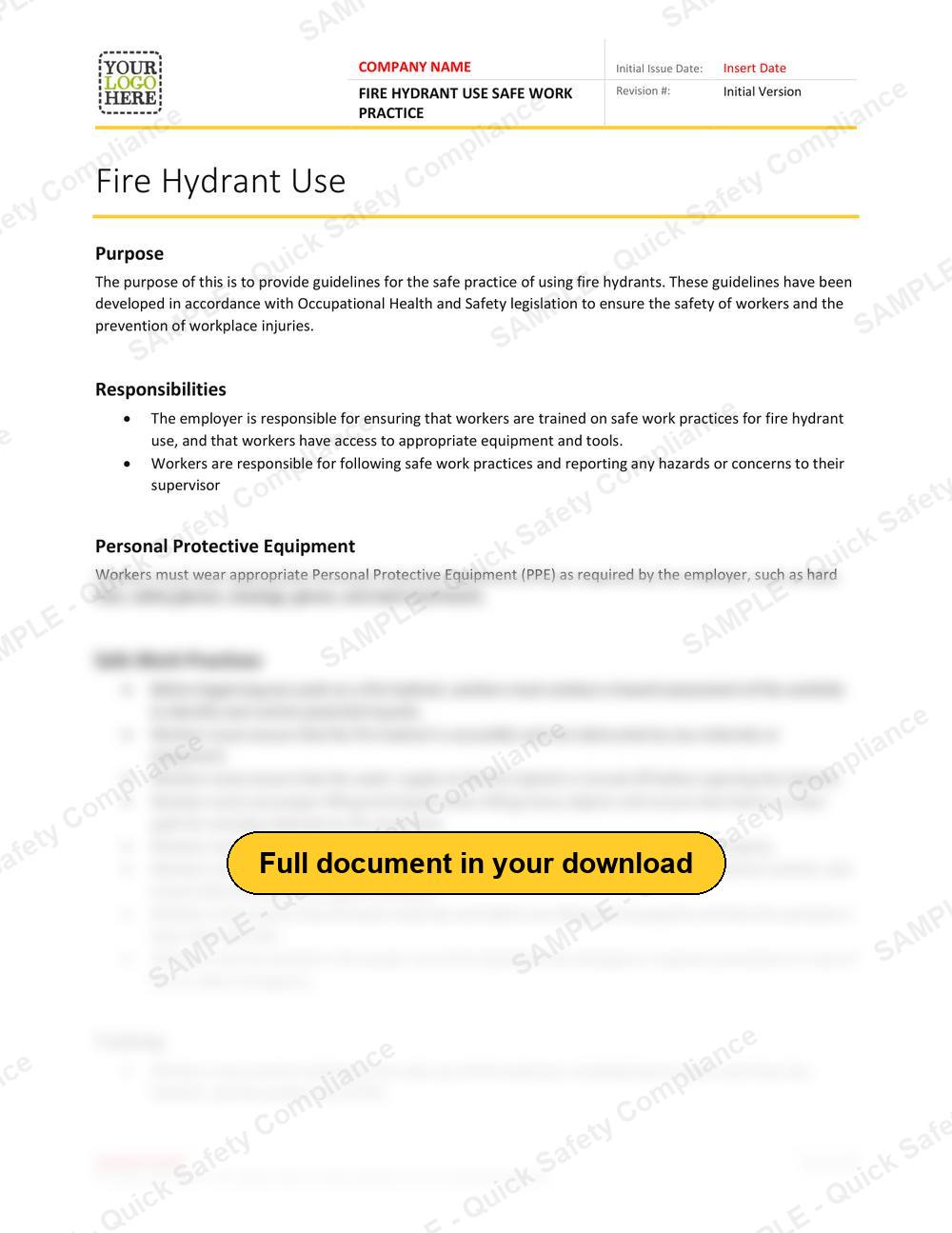 Top of page 1 of the Fire Hydrant Use Safe Work Practice