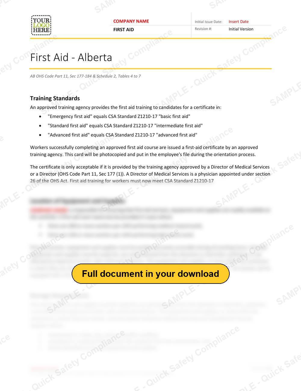 Top of page 1 of the First Aid RAVS - Alberta