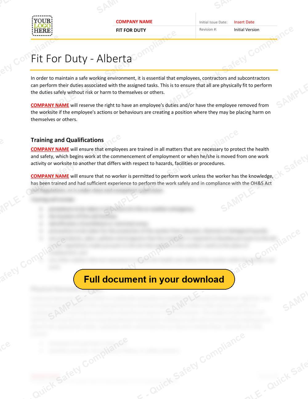 Top of page 1 of the Fit for Duty RAVS - Alberta