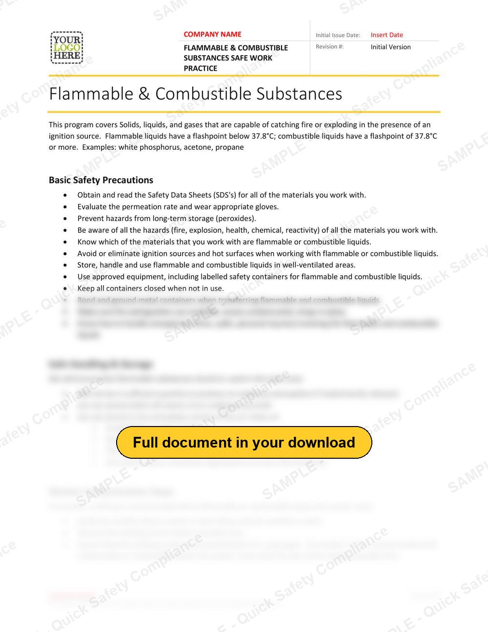 Top of page 1 of the Flammable & Combustible Substances Safe Work Practice