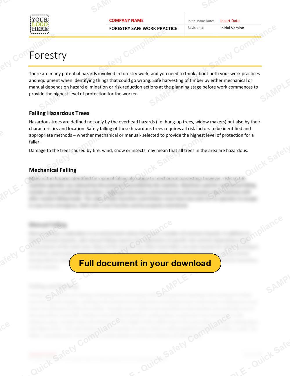 Top of page 1 of the Forestry Safe Work Practice