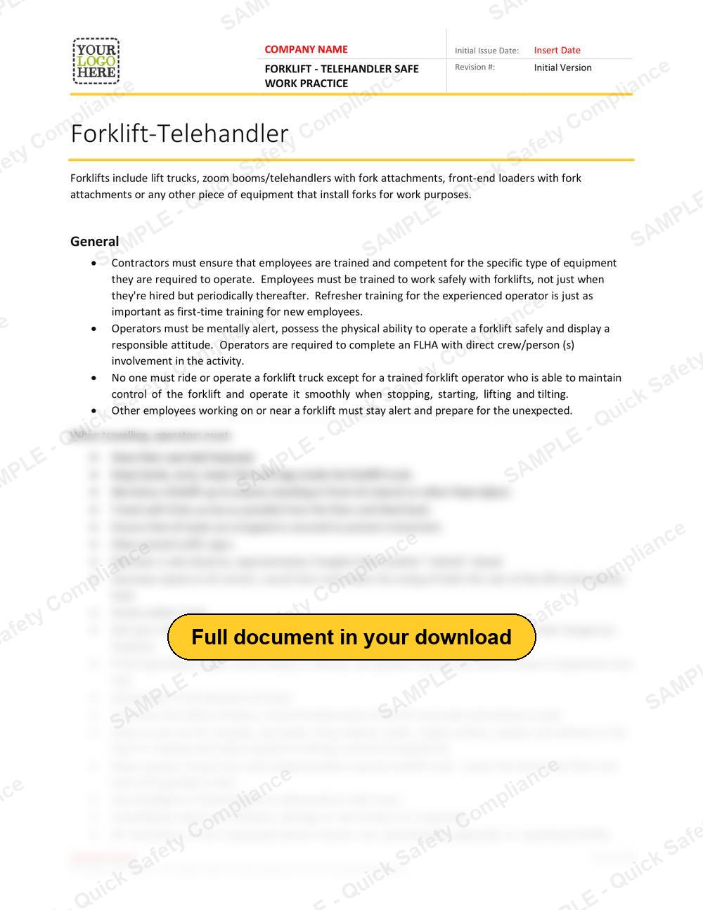 Top of page 1 of the Forklift - Telehandler Safe Work Practice