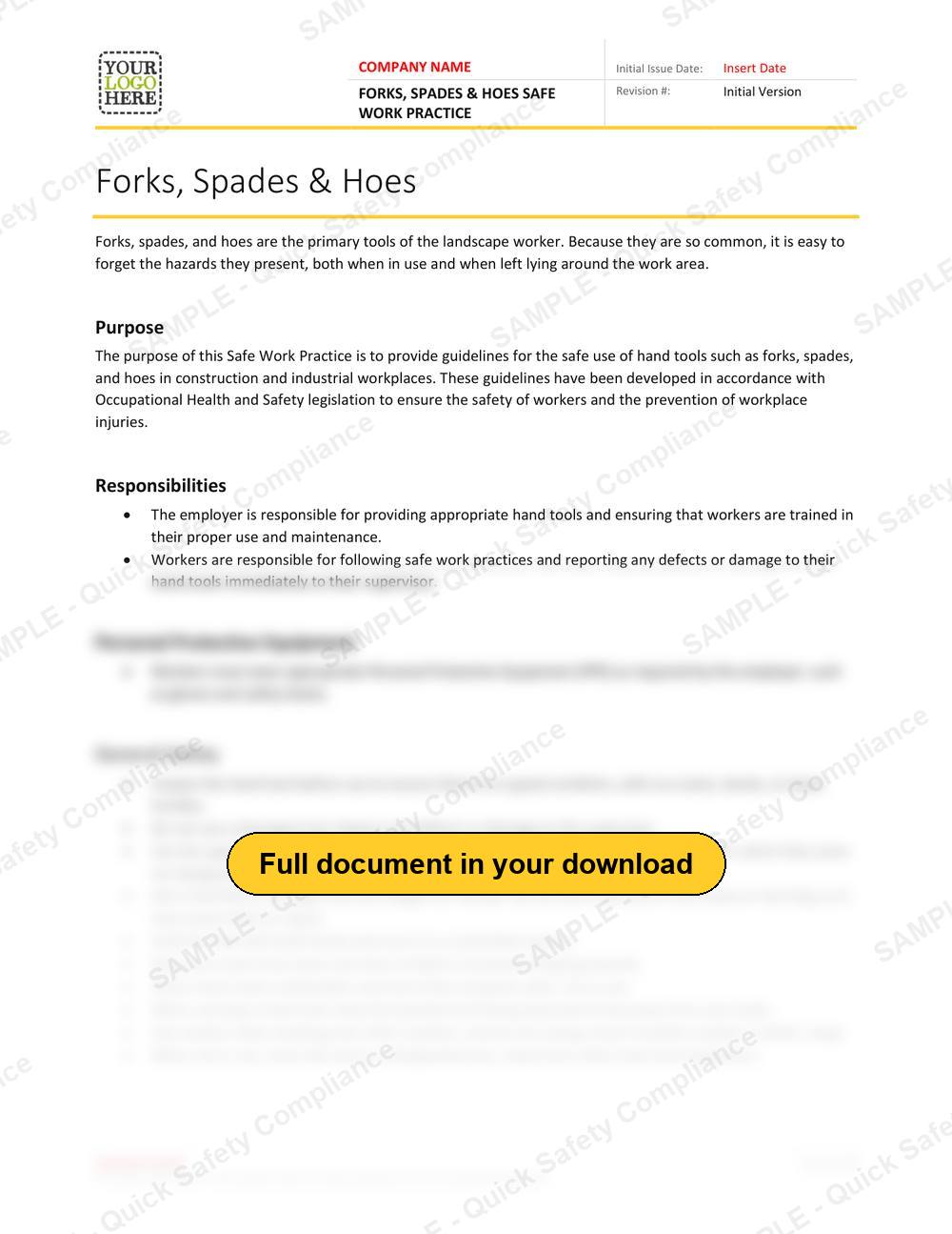 Top of page 1 of the Forks, Spades & Hoes Safe Work Practice