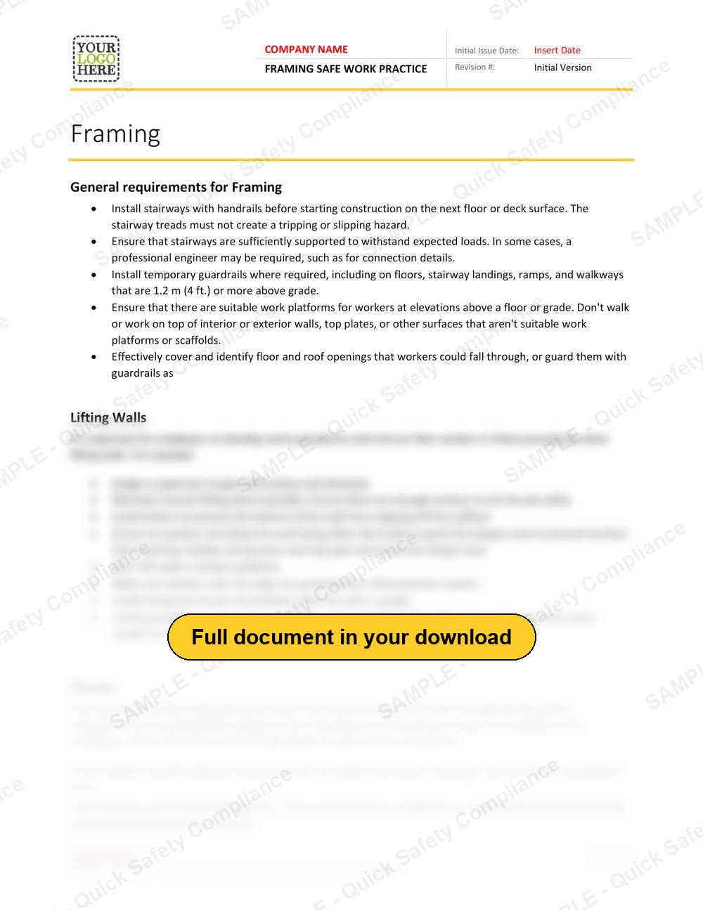 Top of page 1 of the Framing Safe Work Practice