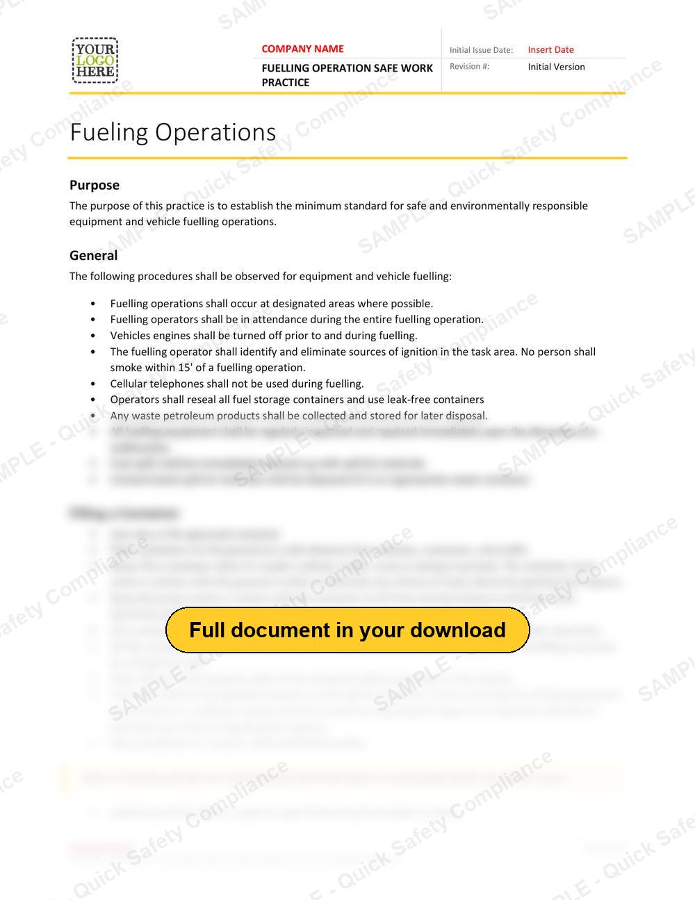 Top of page 1 of the Fuelling Operation Safe Work Practice