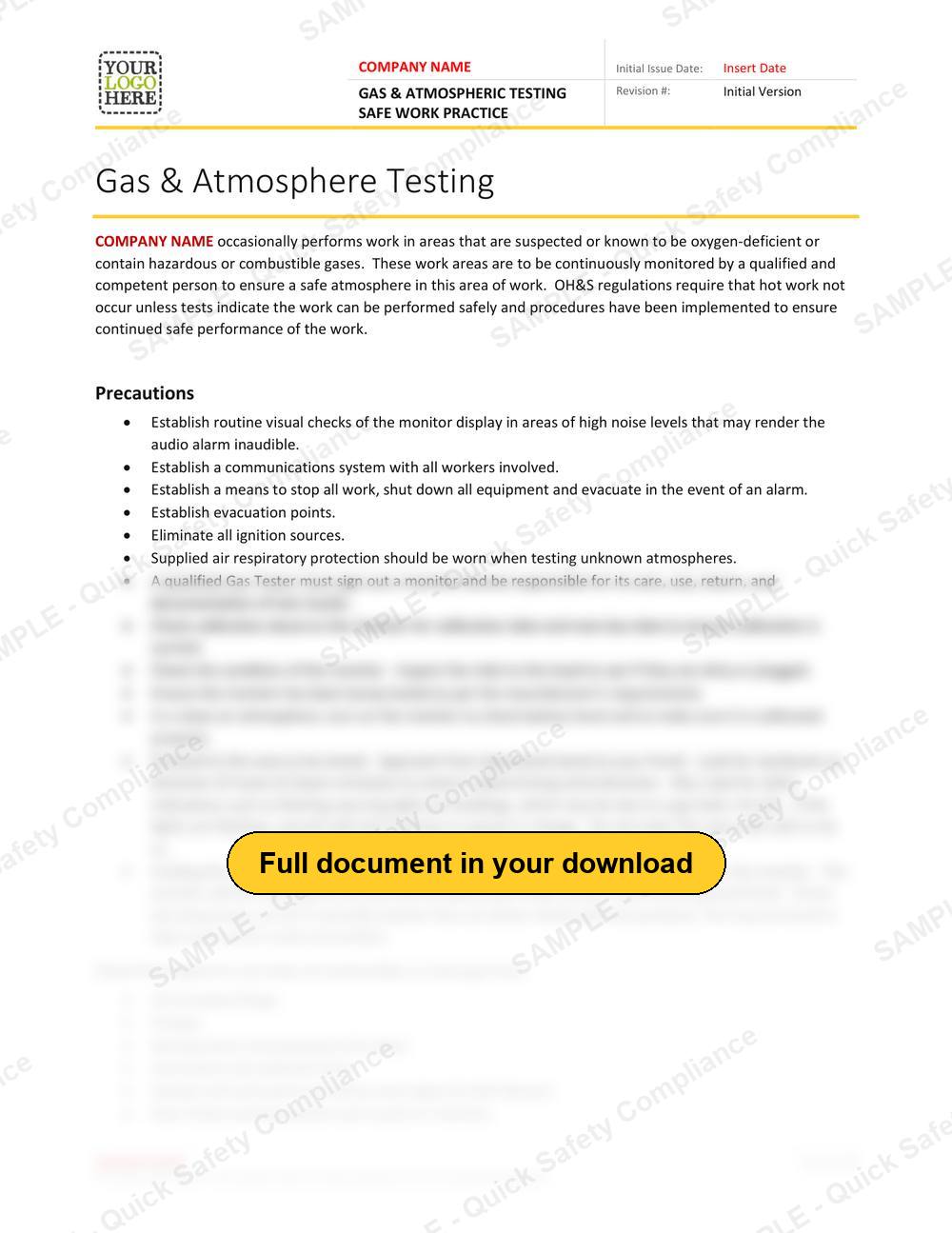 Top of page 1 of the Gas & Atmospheric Testing Safe Work Practice
